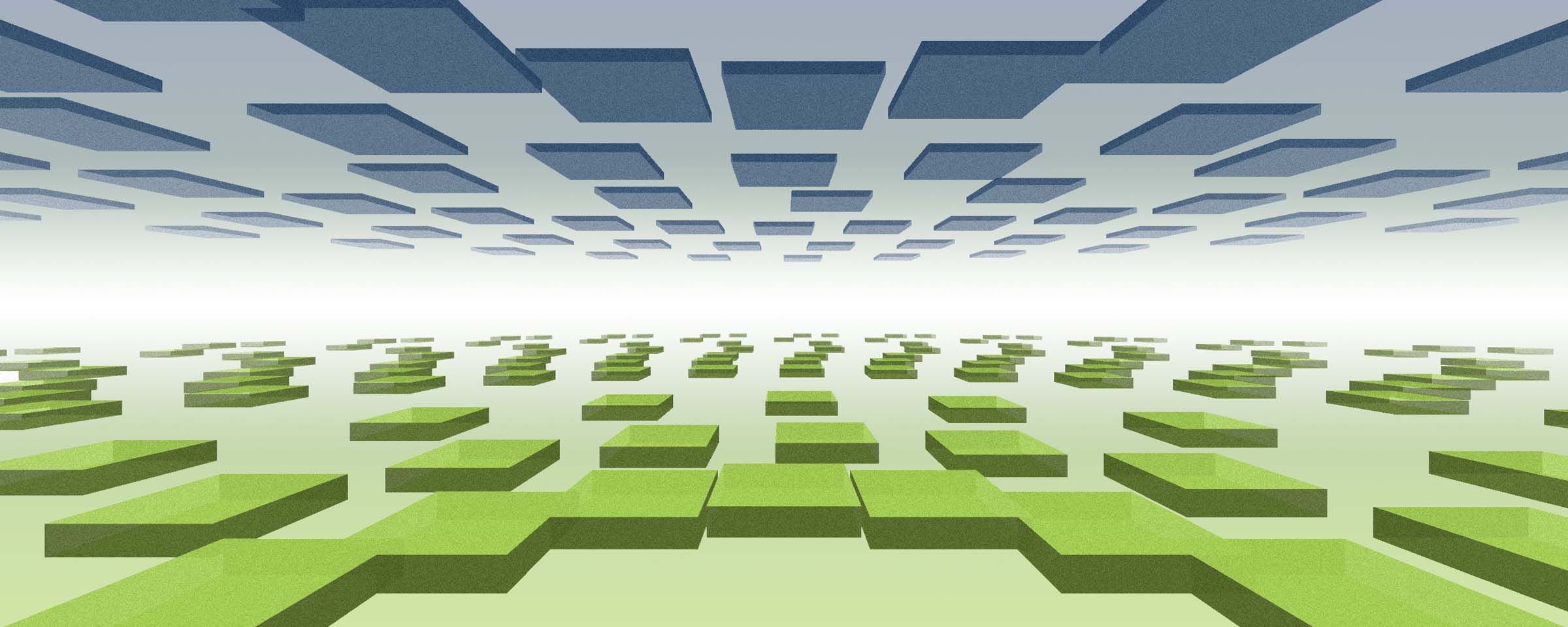 abstract image of green cubes below and blue cubes above fading into distant horizon