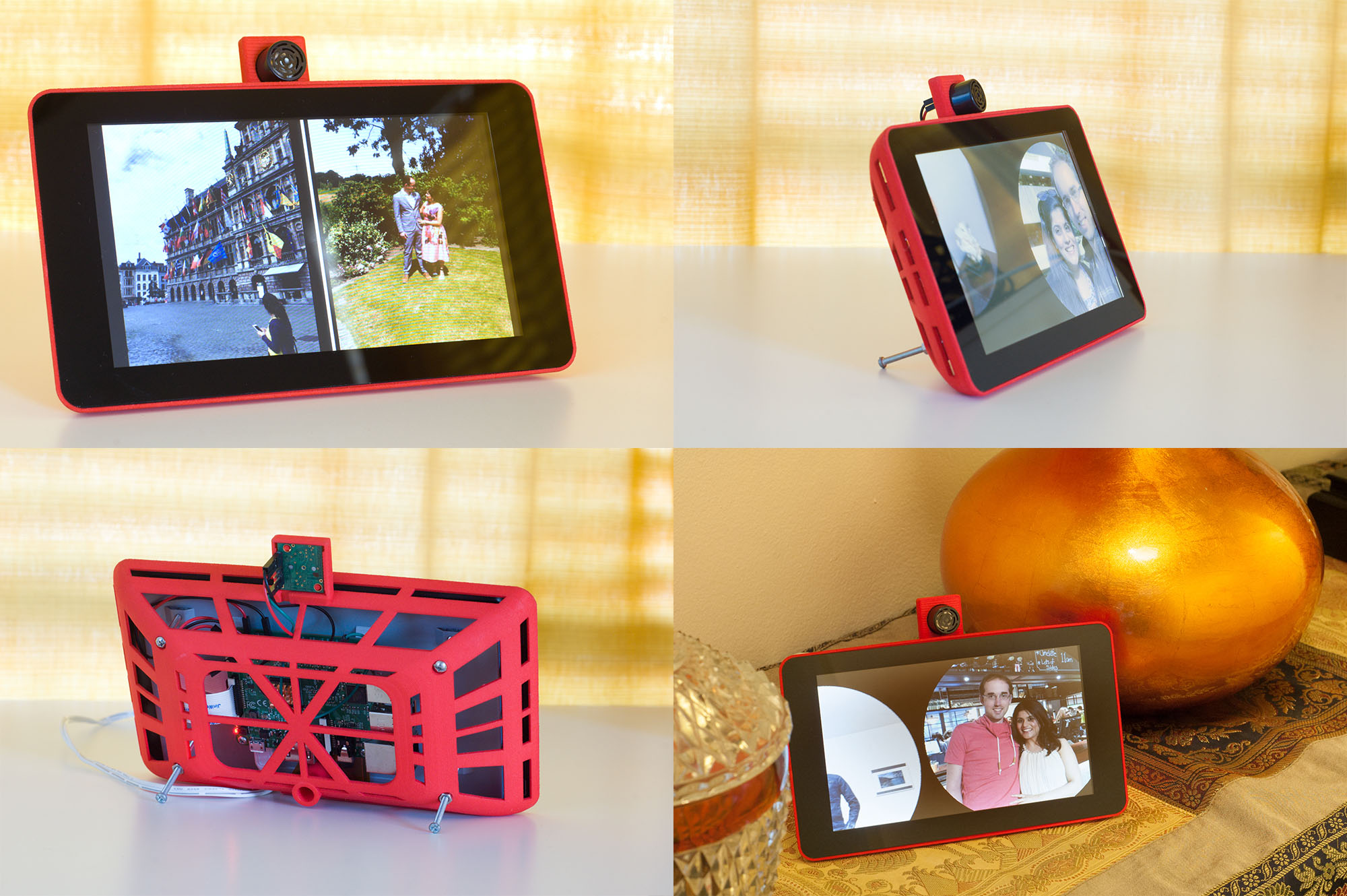 four photos of the device from different angles, showing a display with a black bezel and a bright red casing